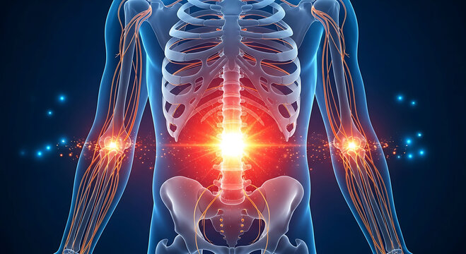Human spine lower back pain inflammation glowing nerves anatomy 3d