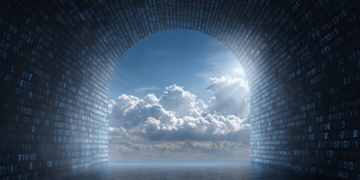 Digital tunnel view with binary code leading to blue sky and clouds, representing technology, data, and future concepts in a surreal landscape