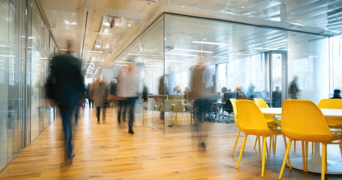Blurred motion of people walking in a modern, bright office space