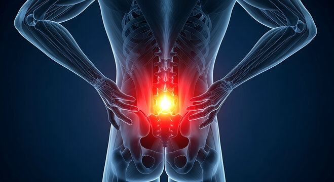 Human lower back pain spine inflammation anatomy medical illustration 3d view