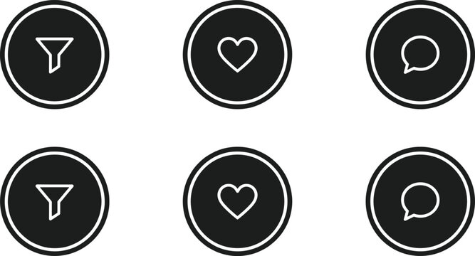 Minimal black circular social media interface icons set with filter favorite heart and chat message symbols