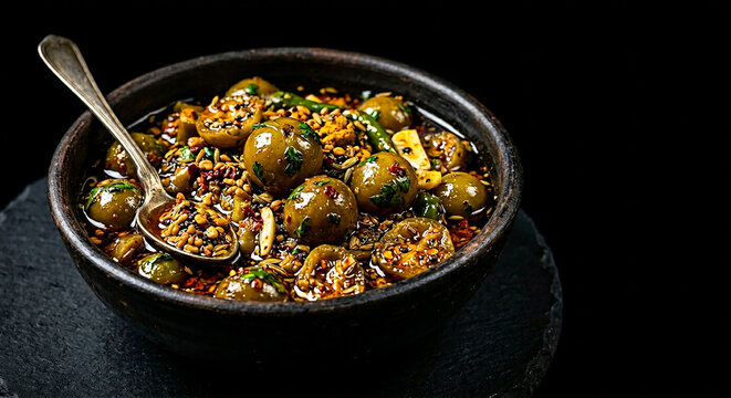 Dark moody food photography showcasing a savory bowl of classic Indian Ker pickle delight.