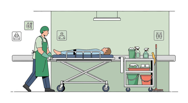 Mortuary worker transfers body on stretcher, cleaning cart nearby