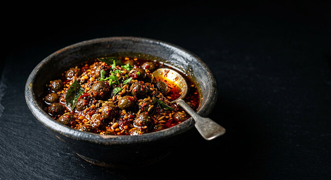 Dark moody food photography showcasing a savory bowl of classic Indian Ker pickle delight.