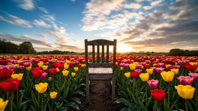 An empty wooden chair sits in a field of colorful tulips at sunset, bathed in warm golden hour light, evoking tranquility and reflection
