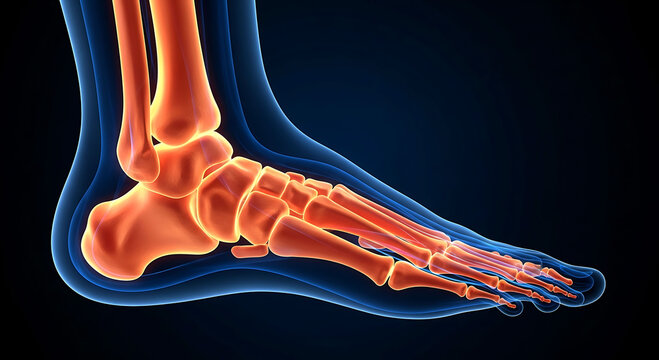 Human foot ankle joint anatomy medical illustration glowing bones view