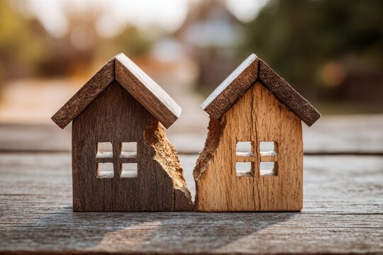 Two wooden house halves, split down the middle, represent broken homes