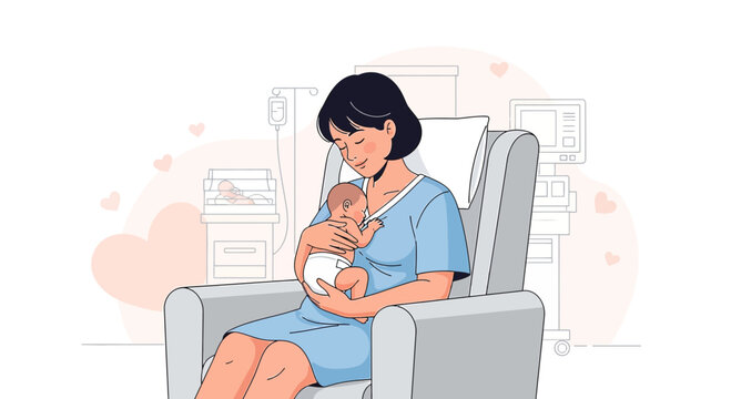 Mother holding newborn baby in hospital room, medical equipment in background