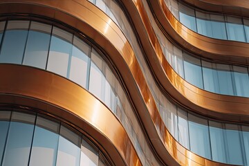 Fototapeta premium Abstract modern building facade with shimmering golden curves and reflective glass panels