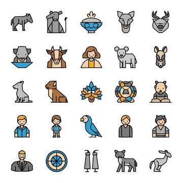 Colorful icons of animals and people.