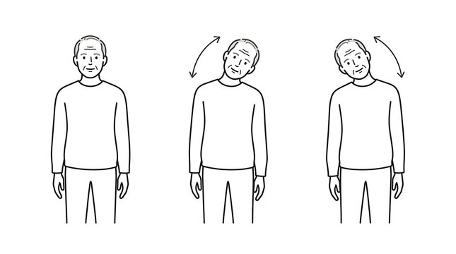 Senior person doing gentle neck stretching medical icon illustration, geriatric physiotherapy, senior stretching, medical line art