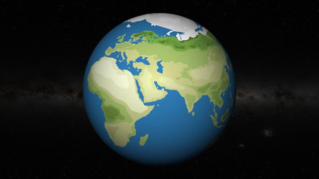 Zooming in on the world map and pinpointing Tehran, Iran with red location marker and text, stars in the background.