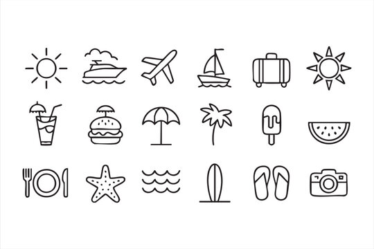 Summer holiday icons with beach elements, travel symbols and tourism graphics