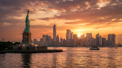 Obraz premium Statue of Liberty and Manhattan Skyline at Golden Sunset