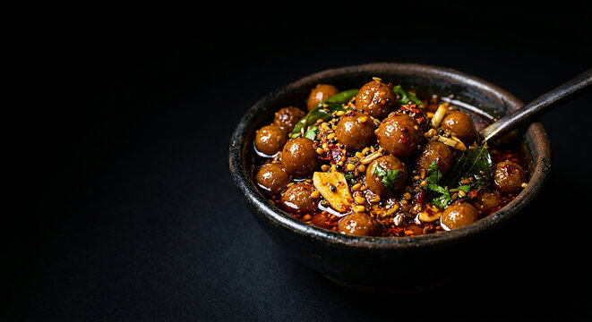 Dark moody food photography showcasing a savory bowl of classic Indian Ker pickle delight.