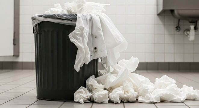 Overflowing trash can with used paper towels in public restroom on tiled floor