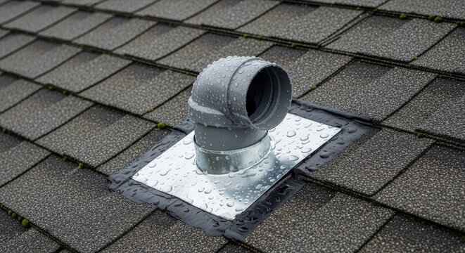Rainy roof vent with water droplets on modern asphalt shingles and metal flashing during wet weather maintenance