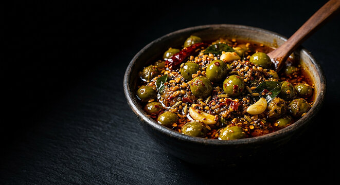 Dark moody food photography showcasing a savory bowl of classic Indian Ker pickle delight.