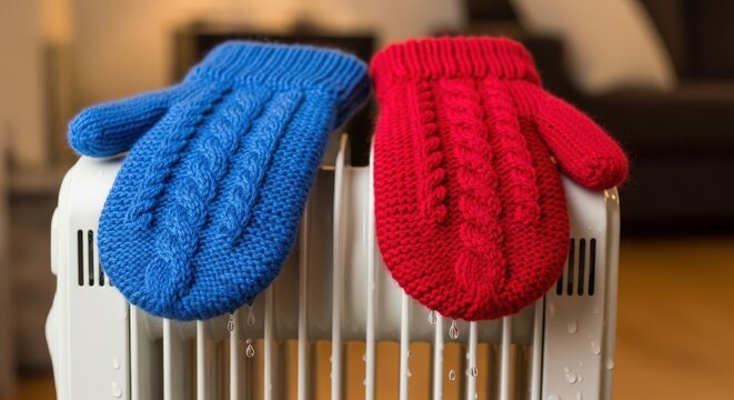 Cozy knitted mittens drying on radiator indoors with water dripping, blue and red winter accessories