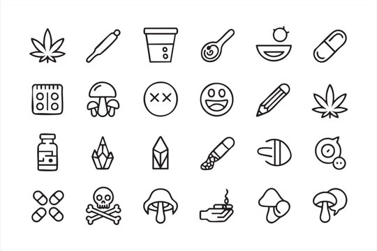 Medical and drug line icons collection, pharmacy, cannabis leaf, capsules, toxic substances and healthcare symbols