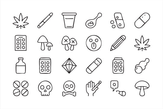 Pharmacy and narcotic symbols icon set, cannabis, tablets, injection, toxic danger and medical treatment elements