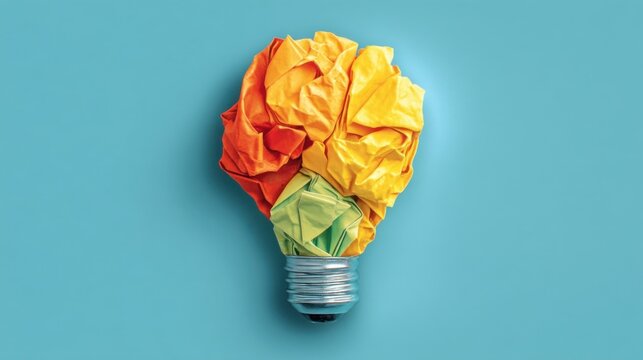 A light bulb with crumpled colorful papers symbolizes creativity, innovation, and brainstorming process.