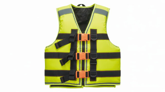 Neon yellow safety life vest with black straps and orange buckles on a white background
