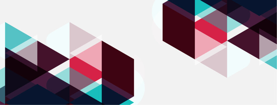 Abstract geometric shapes overlap, creating dynamic composition. Colors include teal, pink, burgundy, gray, white. Modern design.