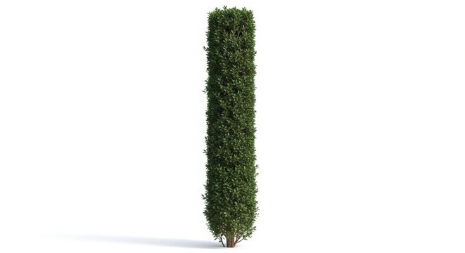 Tall evergreen boxwood pillar on white background, manicured green hedge column for landscaping, vertical topiary shrub for garden design and architecture