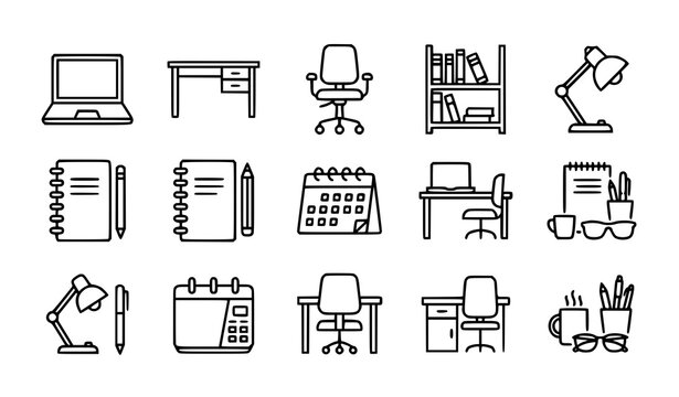 Office study home icons set vector thin line workspace laptop desk education editable stroke isolated white background