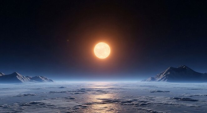 Dramatic landscape with a large sun over a mountain range and open sea
