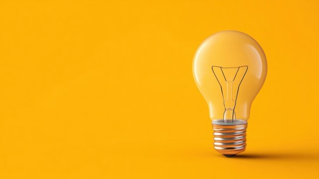 A classic incandescent bulb illuminated against a vibrant yellow background, emitting warm golden glow with visible fila