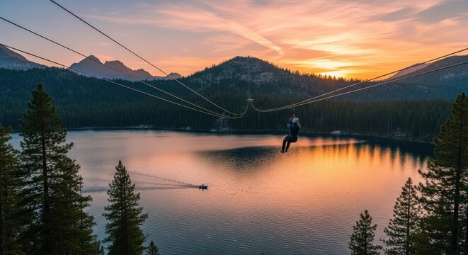 Adventurous ziplining over serene mountain lake at sunset amid scenic forest and majestic peaks