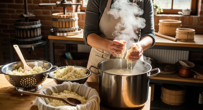 Artisan cheesemaking in rustic kitchen with fresh curd, steam, and traditional utensils on wooden table