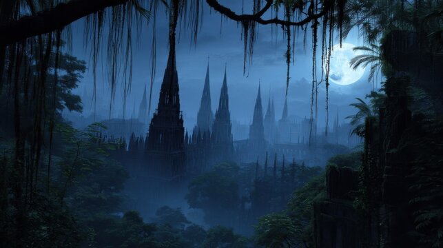 Ancient jungle city under moonlight with towering spires, misty valleys, and dense tropical foliage bathed in blue hues.