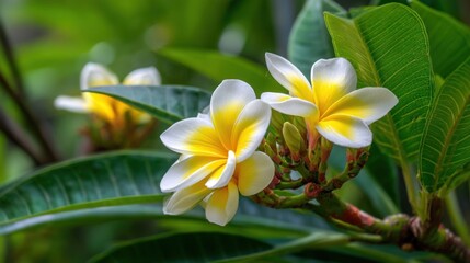 Fototapeta premium White and yellow plumeria blossoms with green leaves, tropical flora, close-up detailing radiant petals and buds.