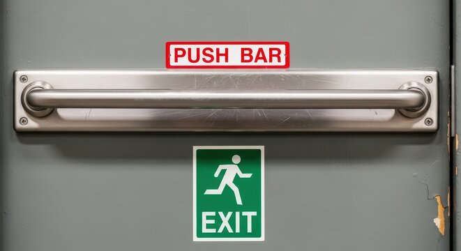 Emergency exit door with push bar and green exit sign for safety and quick evacuation in public building