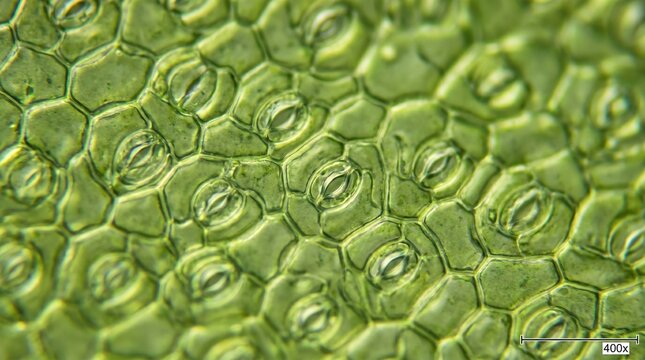 Microscopic view of stomata on a green leaf surface, showcasing cellular structure and plant biology