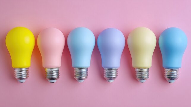 A row of six colored incandescent bulbs on pink background, vibrant yellow, soft pink, sky blue, periwinkle, creamy beig
