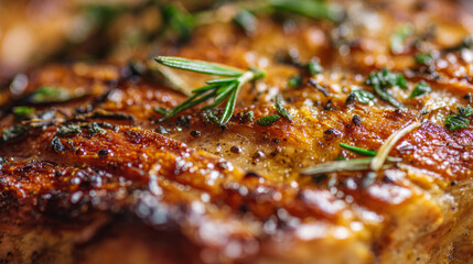 Buttery crust with herb flecks (rosemary, thyme, parsley) and cracked black pepper, tiny streaks of pan jus shining in the crevices © csp_17