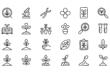 Fototapeta premium Botany and nature icon pack, plant growth, leaf, flower and environmental science elements