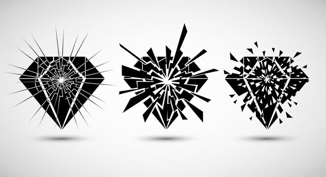 Vector set of three shattered black diamond shapes with explosion effect on white.