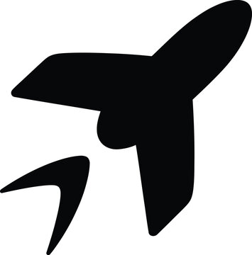 A black and white of an airplane silhouette in flight, angled upwards with a small curved trail or winglet shape below, representing travel, aviation, transport, and flight, isolated on white