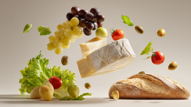 minimal elegant levitation of grapes, hard cheese wedge, camembert wheel, olives, pear, rustic bread loaf, cherry tomatoes on vine, lettuce leaves, clean spacing between objects.