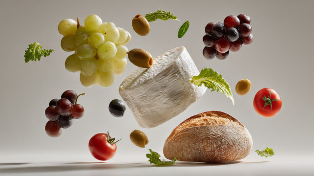 minimal elegant levitation of grapes, hard cheese wedge, camembert wheel, olives, pear, rustic bread loaf, cherry tomatoes on vine, lettuce leaves, clean spacing between objects.