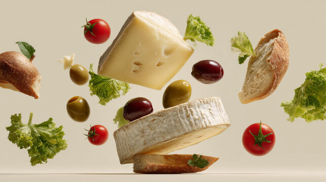 minimal elegant levitation of grapes, hard cheese wedge, camembert wheel, olives, pear, rustic bread loaf, cherry tomatoes on vine, lettuce leaves, clean spacing between objects.