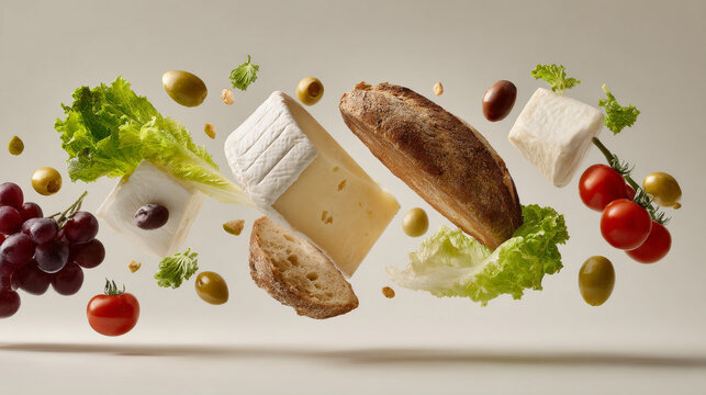minimal elegant levitation of grapes, hard cheese wedge, camembert wheel, olives, pear, rustic bread loaf, cherry tomatoes on vine, lettuce leaves, clean spacing between objects.