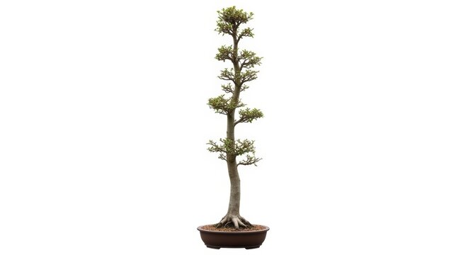 Japanese bonsai tree in ceramic pot, miniature evergreen conifer isolated on white background, traditional zen garden botanical plant for interior decor