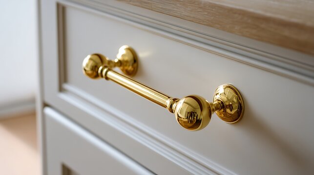 Close up of elegant gold drawer handle on light gray kitchen cabinet.