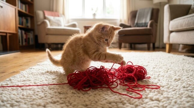 Adorable ginger kitten playing with red yarn on a white carpet